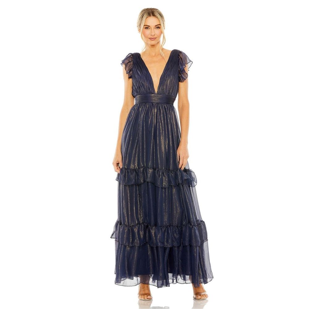 MAC DUGGAL RUCHED TOP FLUTTER SLEEVE DEEP V GOWN SIZE 14